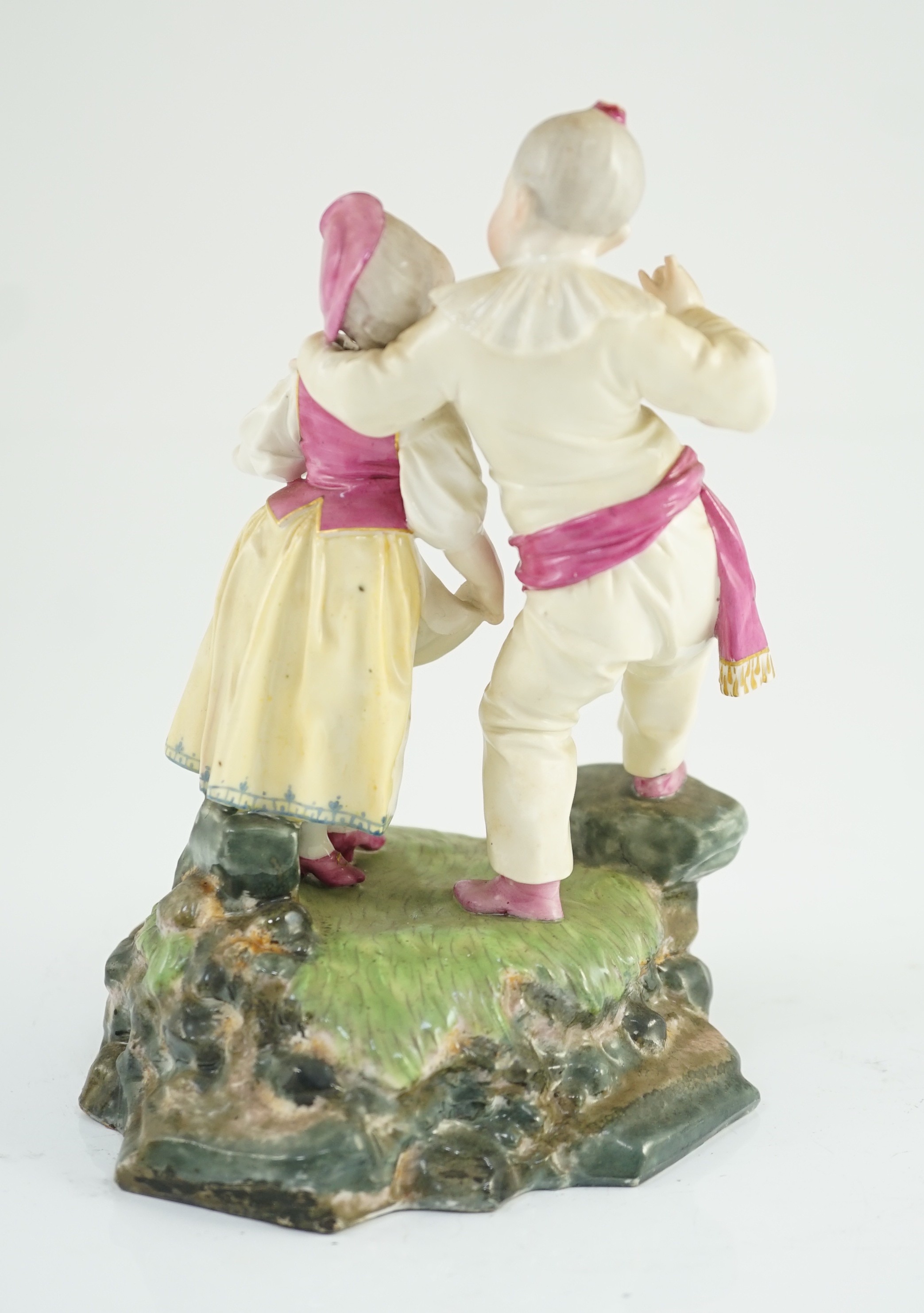 A Höchst porcelain group by Melchior, modelled as a boy and girl wearing fancy dress, c.1770, 16.5cm high, small losses, Provenance - purchased from Winifred Williams, Eastbourne/London before 1970.